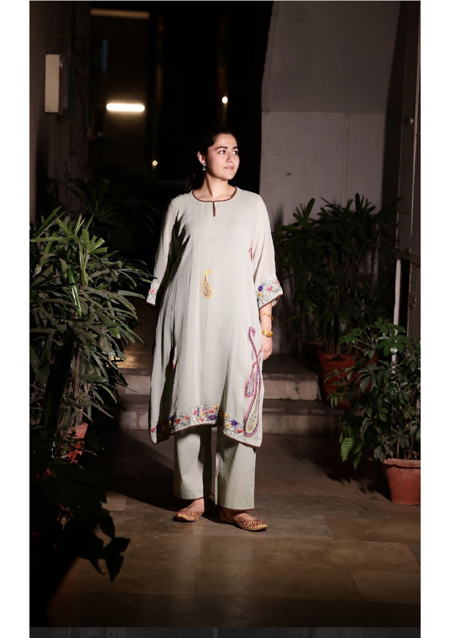 Sage green georgette kaftan outfit with paisley embroidery