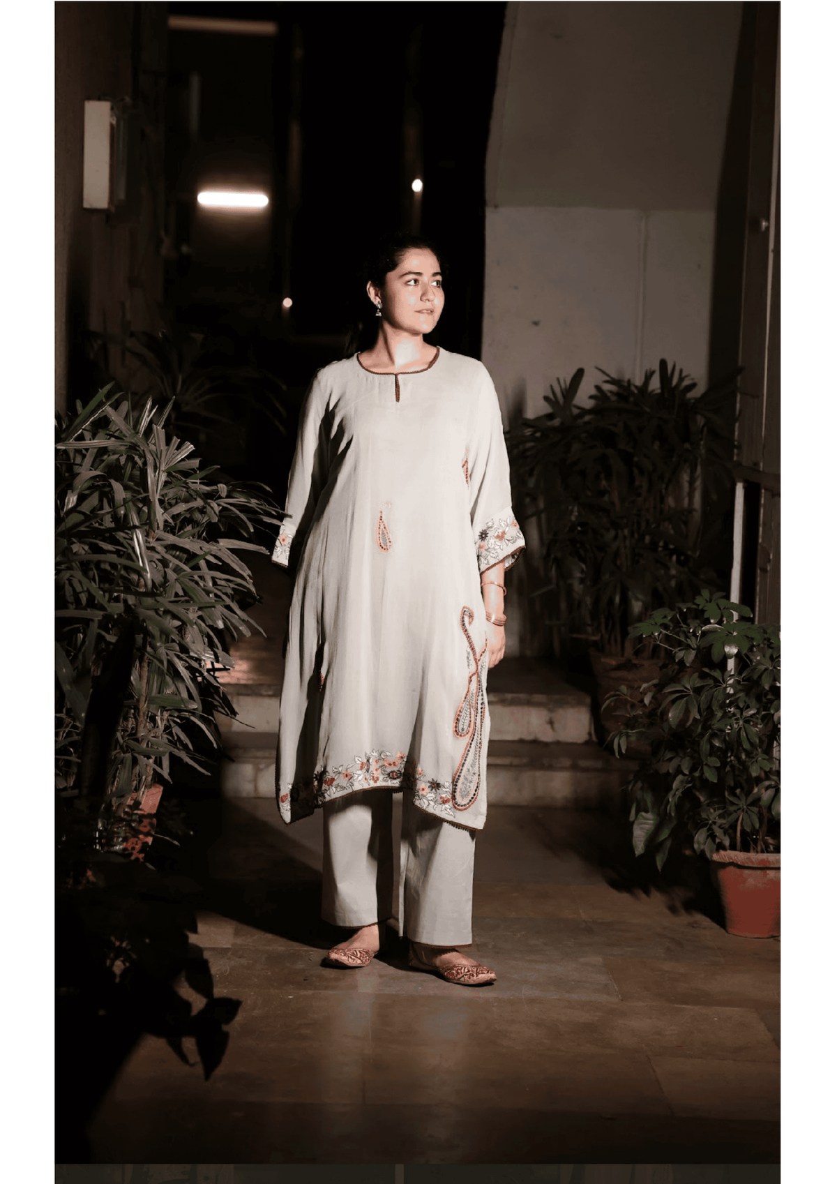 Sage green georgette kaftan outfit with paisley embroidery