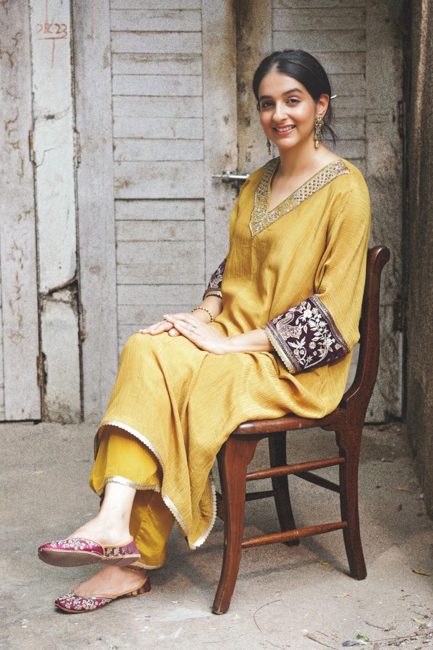 Mustard Yellow Embroidered Tissue Kaftan