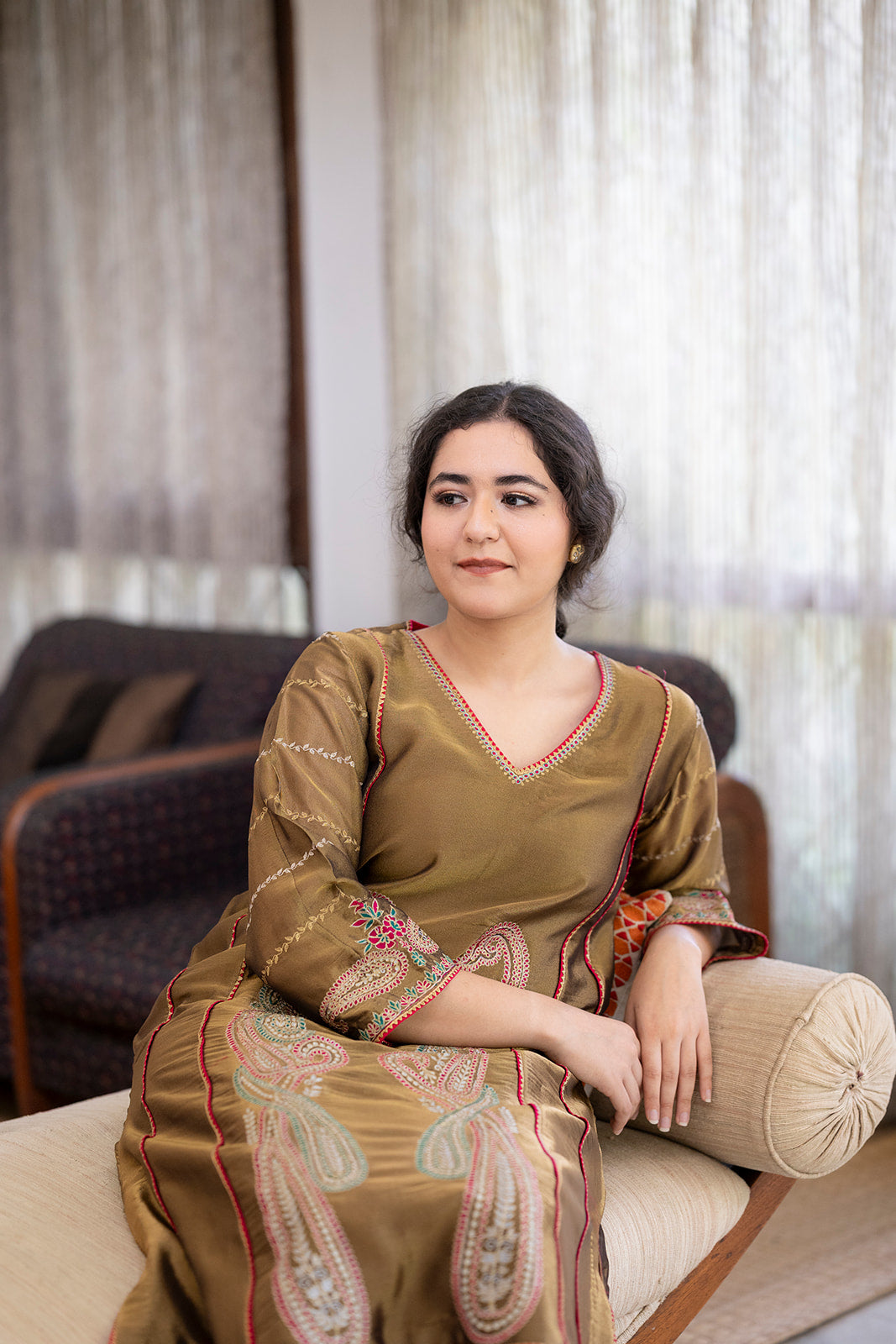 Antique Gold Choga Set with Hot Pink Pakistani Salwar