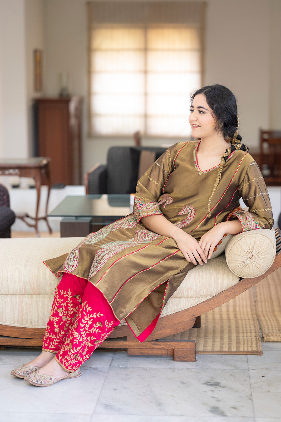 Antique Gold Choga Set with Hot Pink Pakistani Salwar