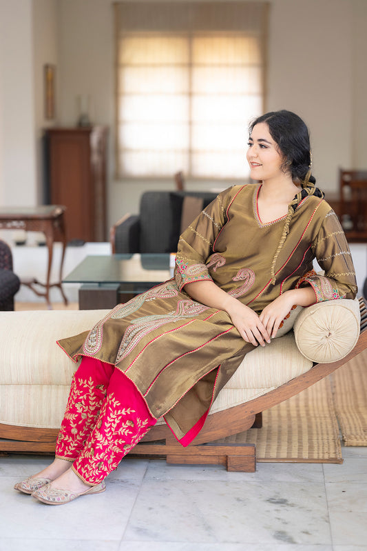 Antique Gold Choga Set with Hot Pink Pakistani Salwar