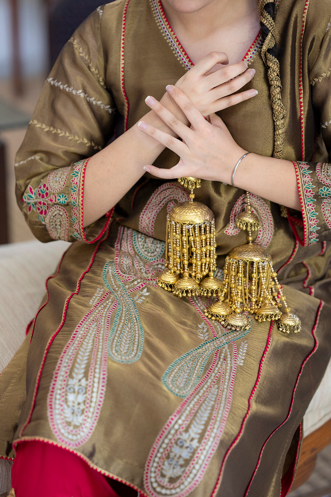 Antique Gold Choga Set with Hot Pink Pakistani Salwar