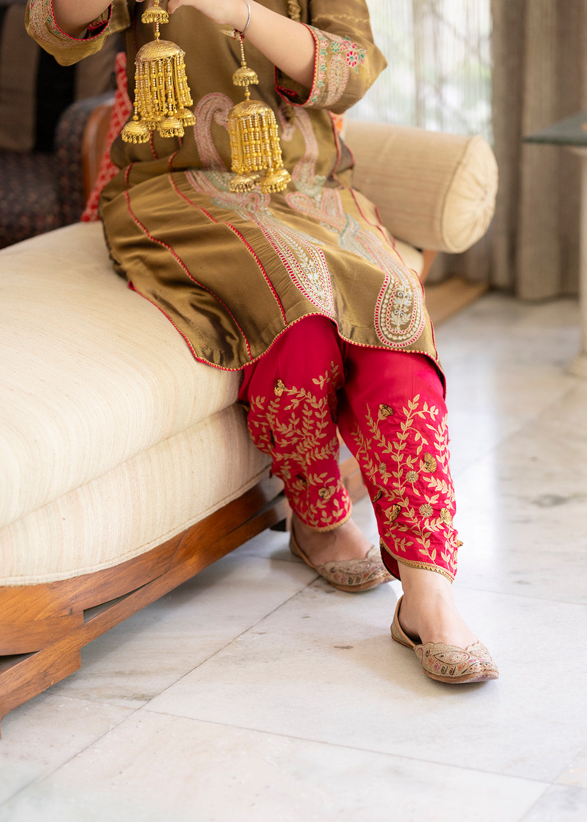 Antique Gold Choga Set with Hot Pink Pakistani Salwar