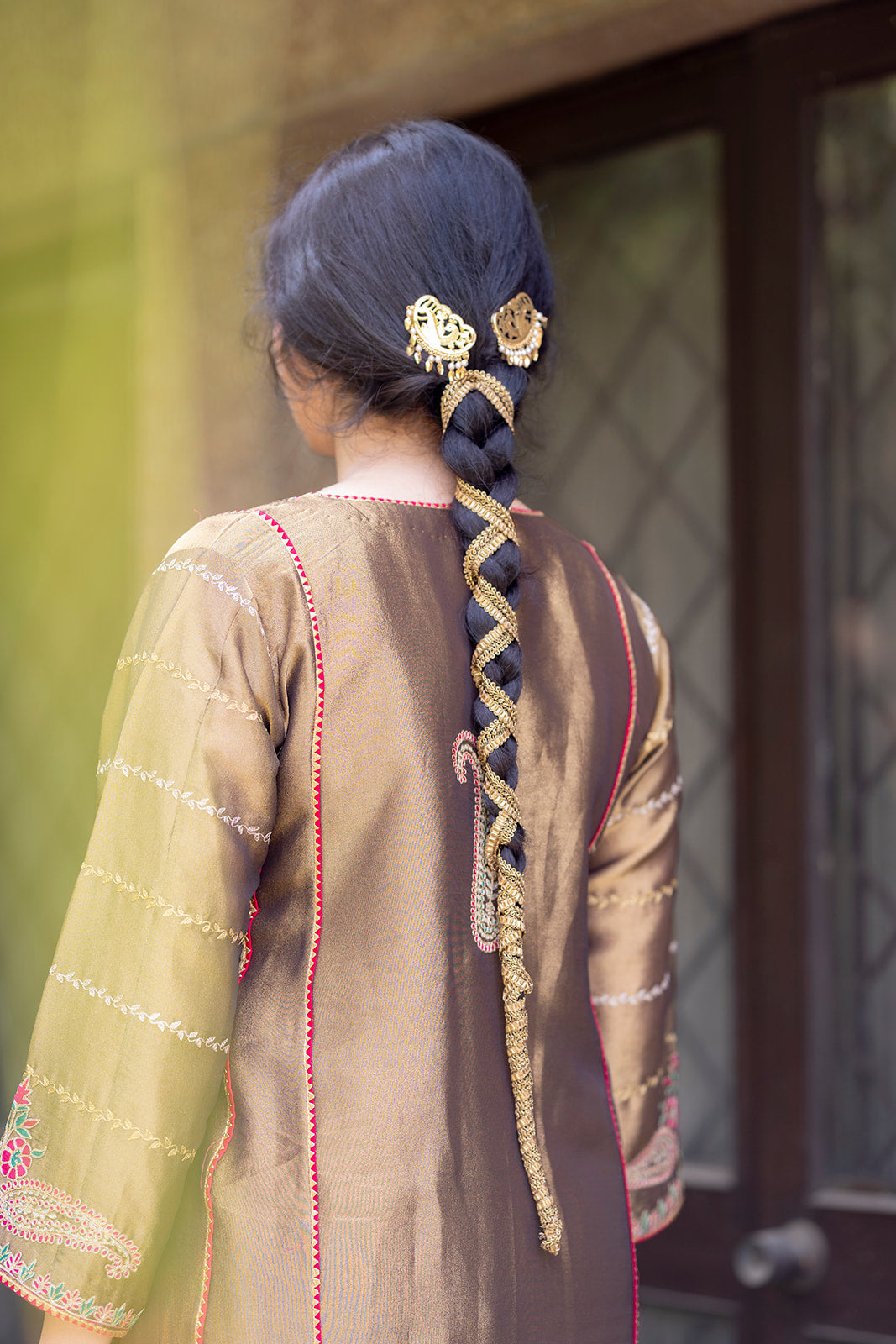 Antique Gold Choga Set with Hot Pink Pakistani Salwar