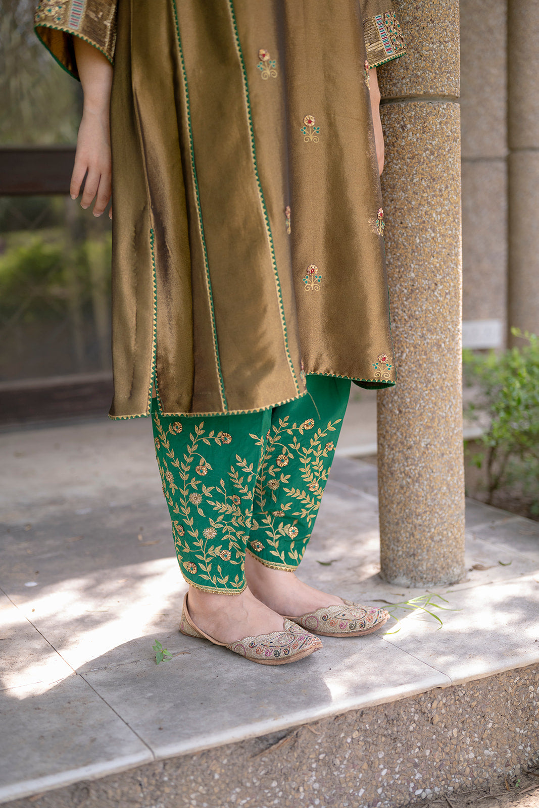 Antique Gold Choga Set with Green Pakistani Salwar