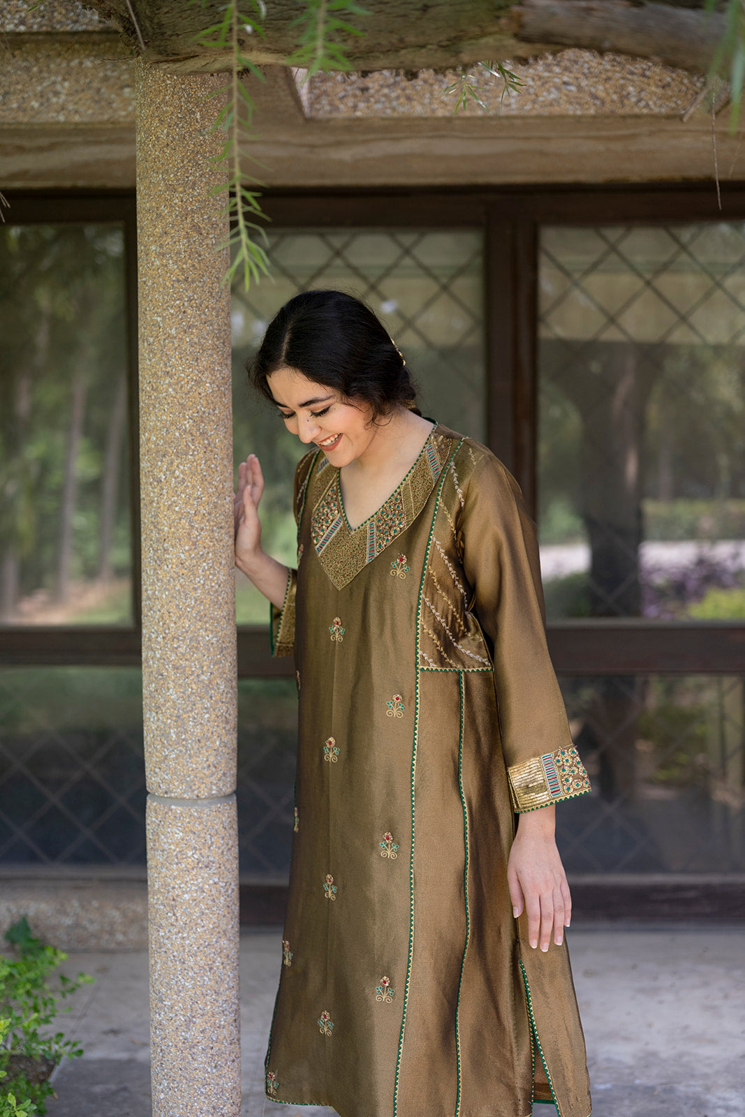 Antique Gold Choga Set with Green Pakistani Salwar
