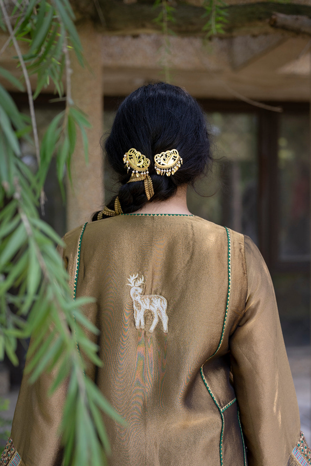 Antique Gold Choga Set with Green Pakistani Salwar