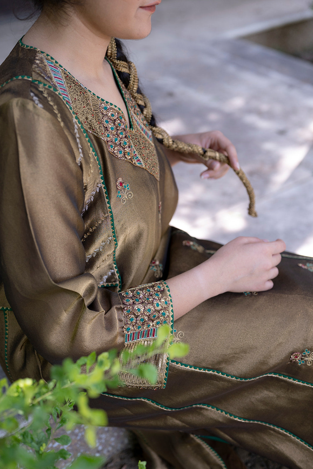 Antique Gold Choga Set with Green Pakistani Salwar