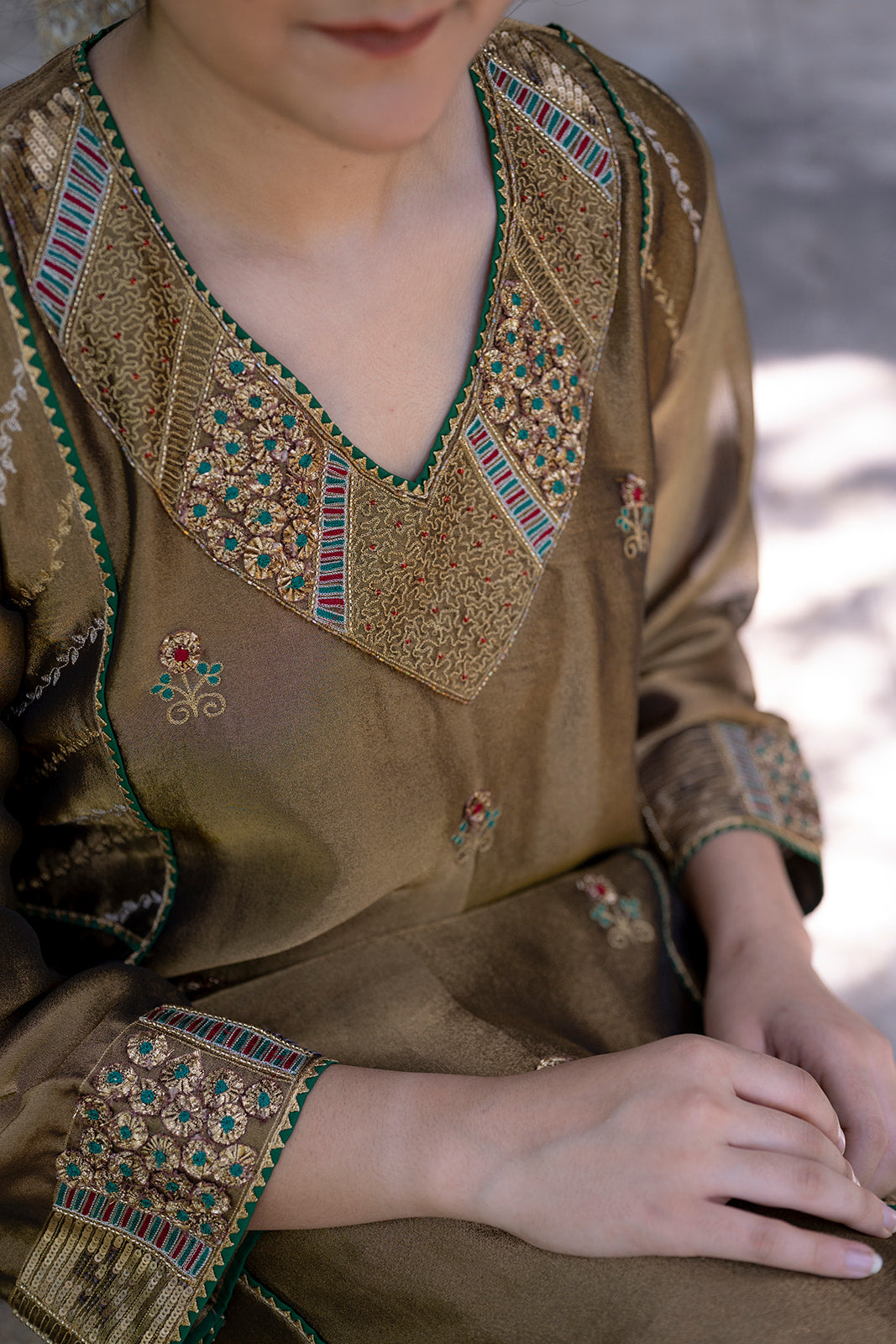 Antique Gold Choga Set with Green Pakistani Salwar