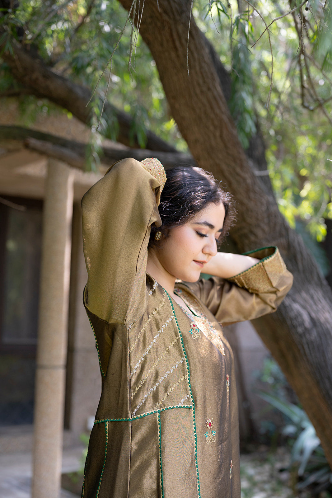 Antique Gold Choga Set with Green Pakistani Salwar