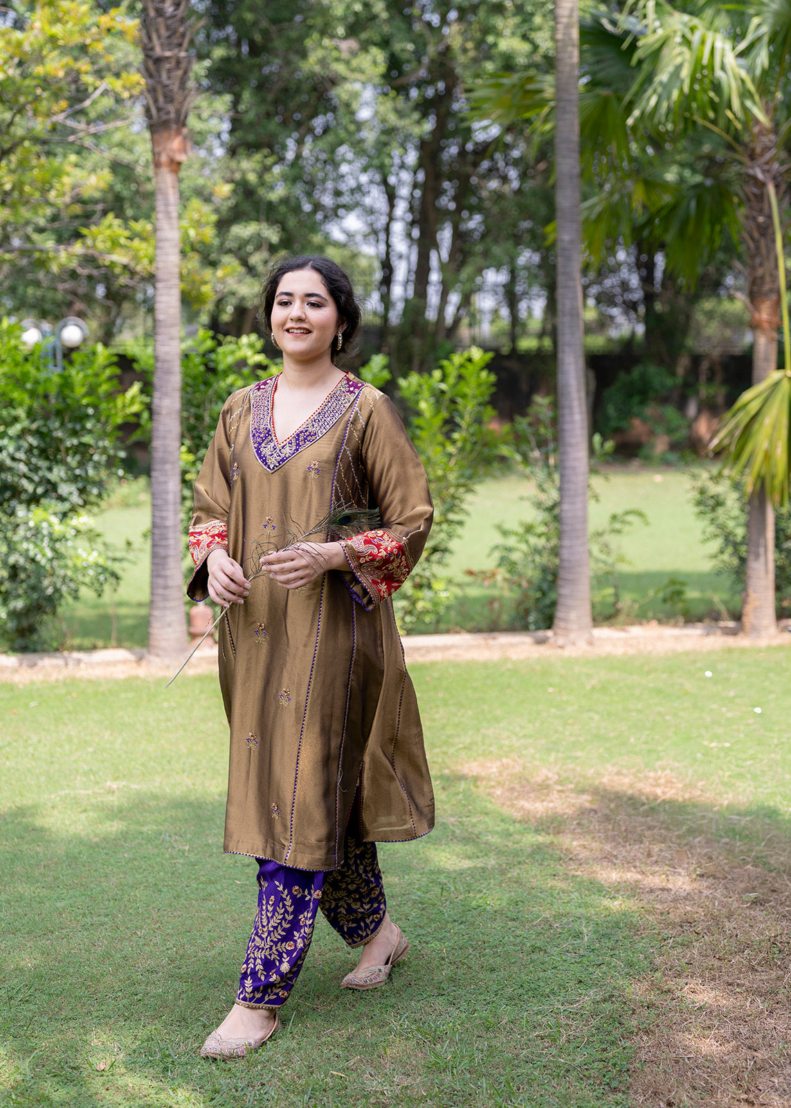 Antique Gold Choga Set with Purple Pakistani Salwar