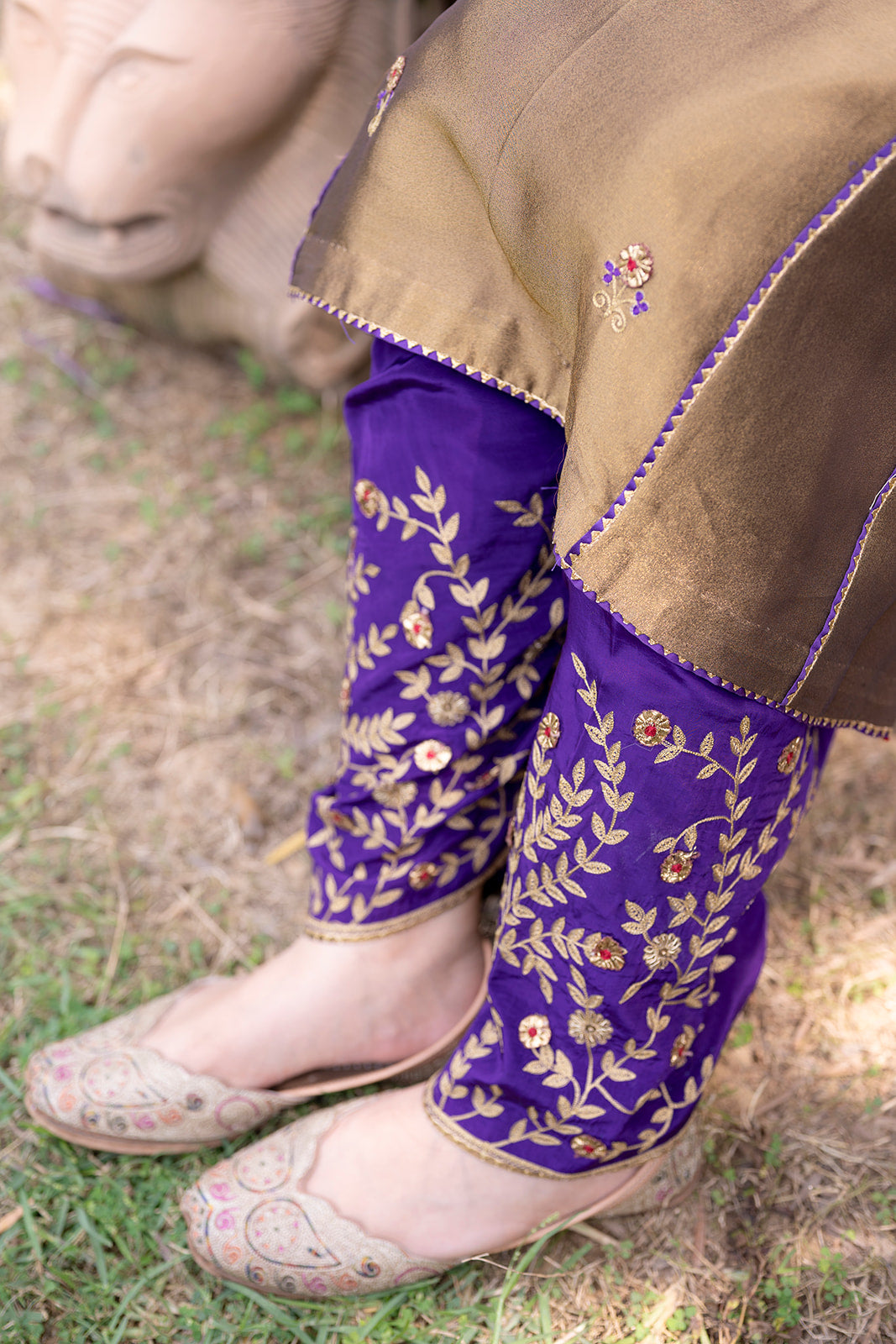 Antique Gold Choga Set with Purple Pakistani Salwar