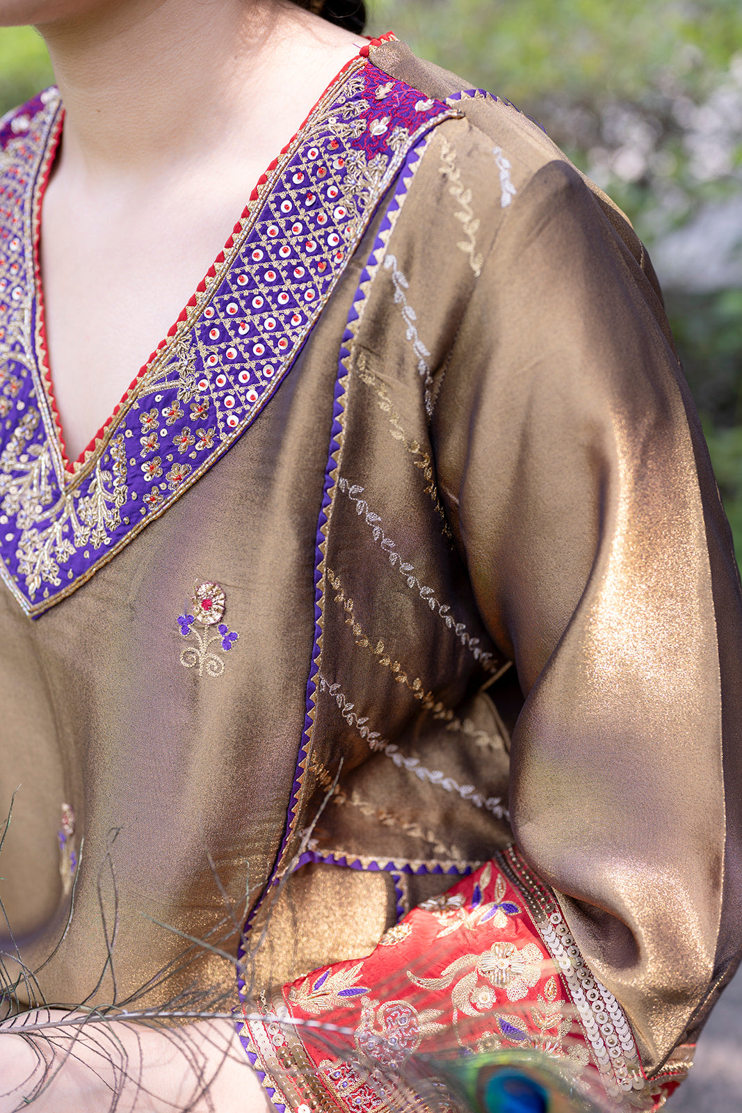 Antique Gold Choga Set with Purple Pakistani Salwar
