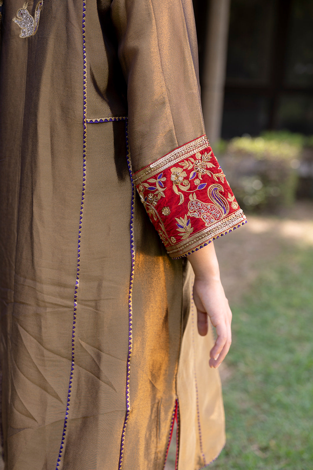 Antique Gold Choga Set with Purple Pakistani Salwar