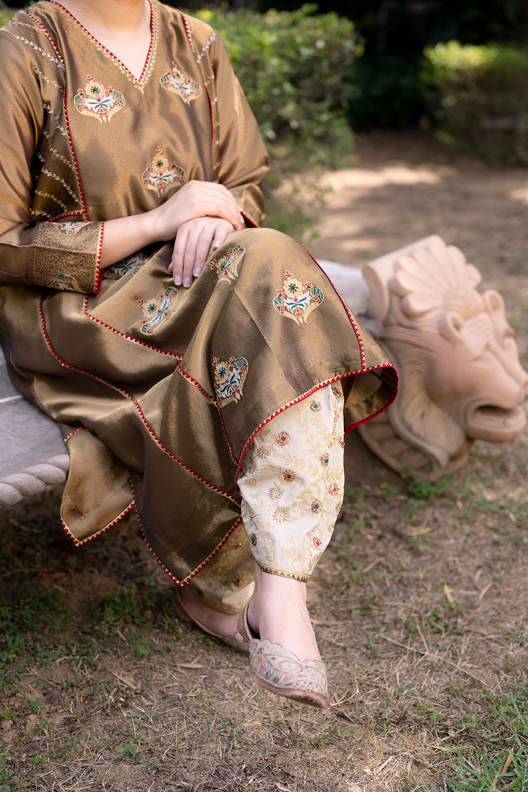 Antique Gold Choga Set with Grey Pakistani Salwar