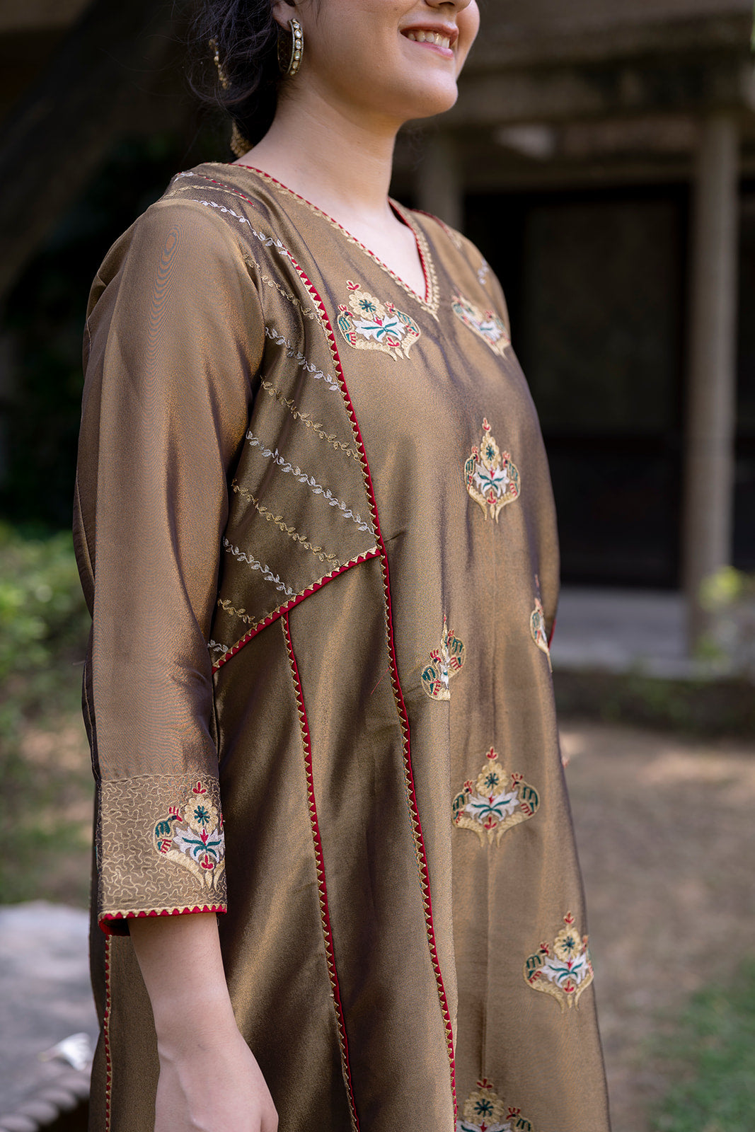 Antique Gold Choga Set with Grey Pakistani Salwar