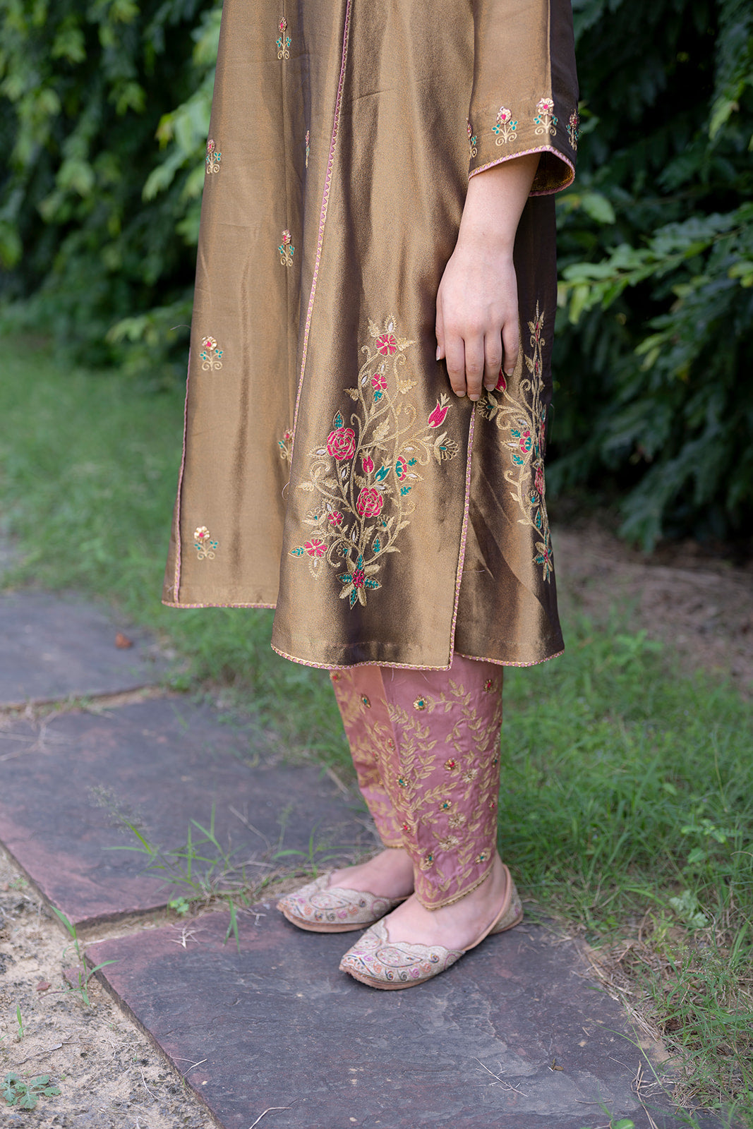 Antique Gold Choga Set with Blush Pink Pakistani Salwar