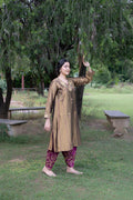 Antique Gold Choga Set with Wine Pakistani Salwar