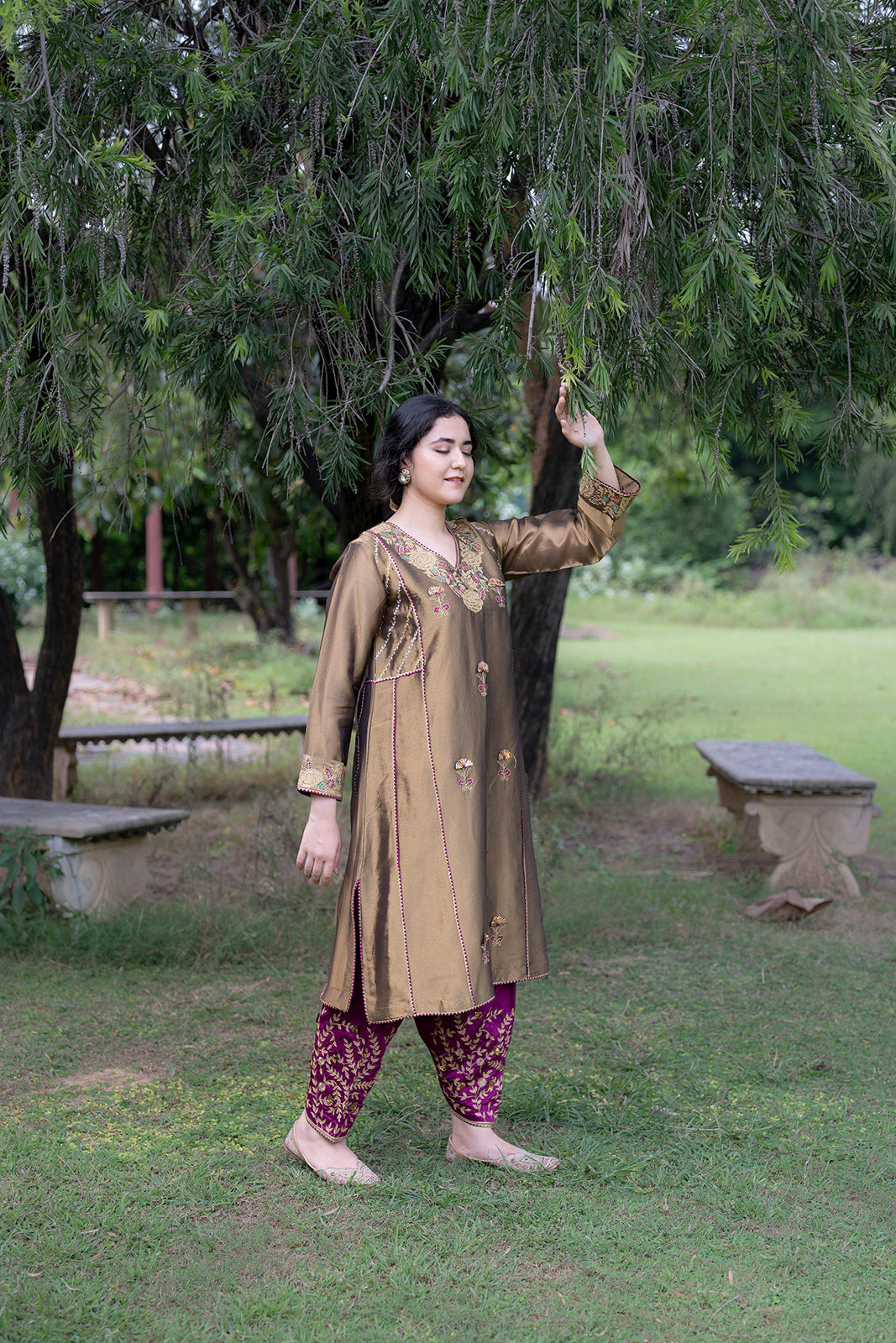 Antique Gold Choga Set with Wine Pakistani Salwar