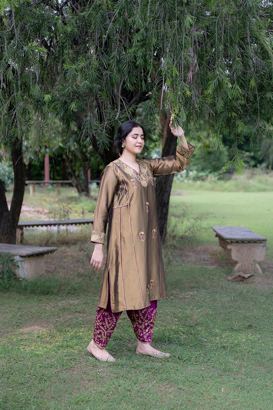 Antique Gold Choga Set with Wine Pakistani Salwar