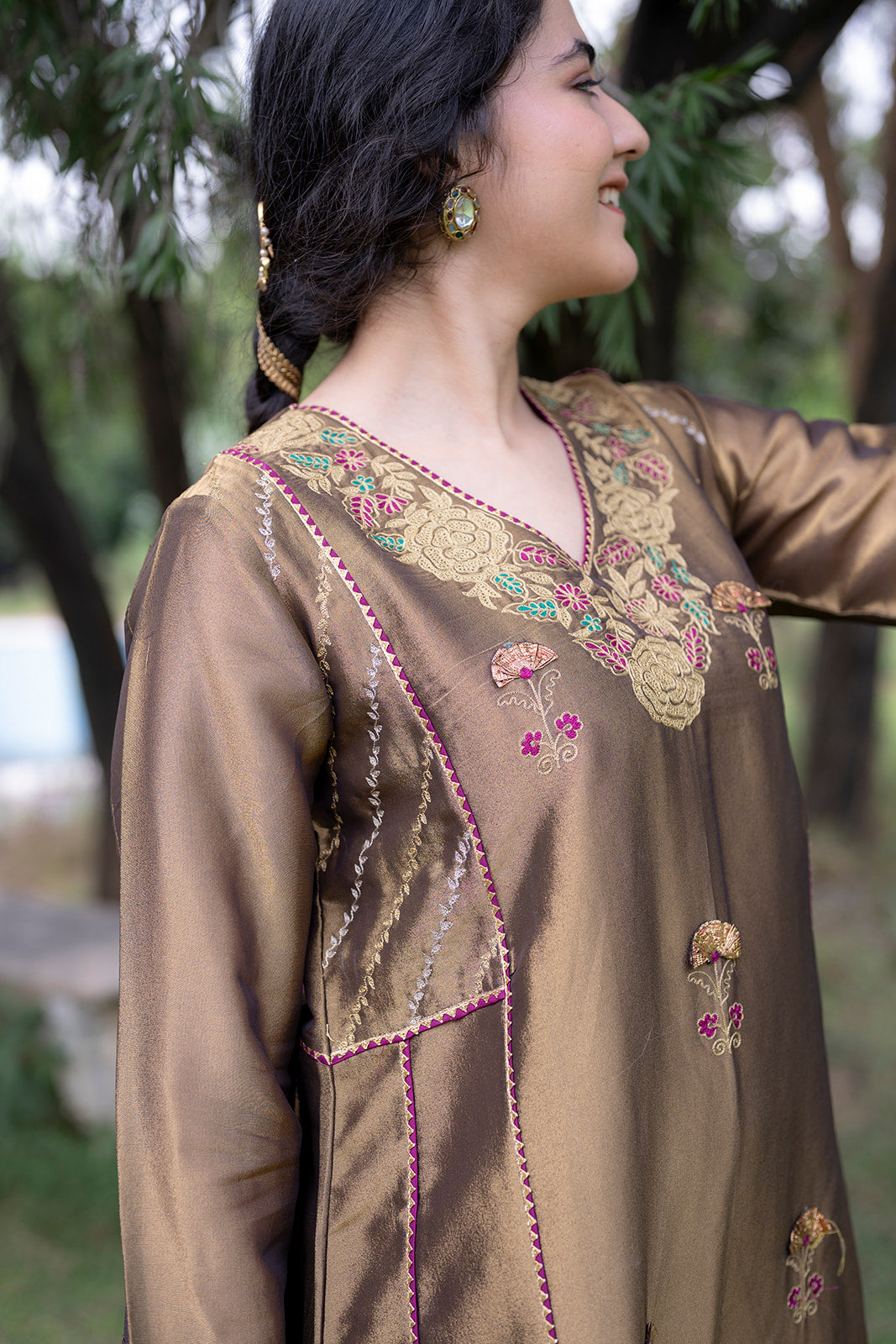 Antique Gold Choga Set with Wine Pakistani Salwar