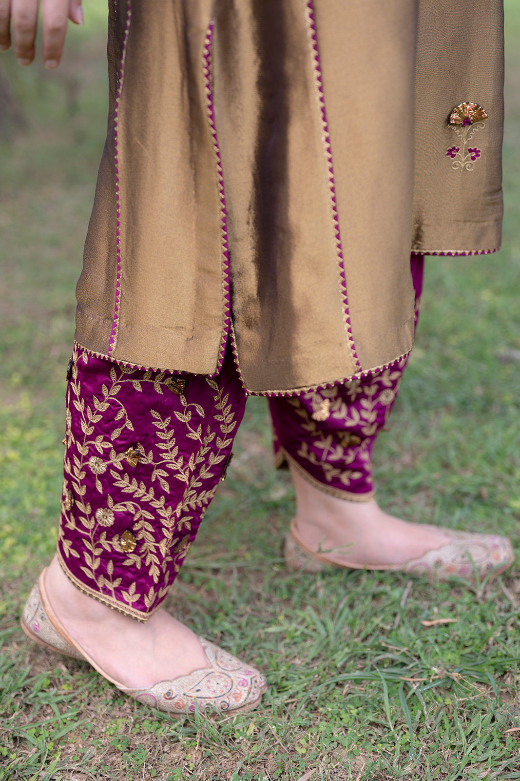 Antique Gold Choga Set with Wine Pakistani Salwar