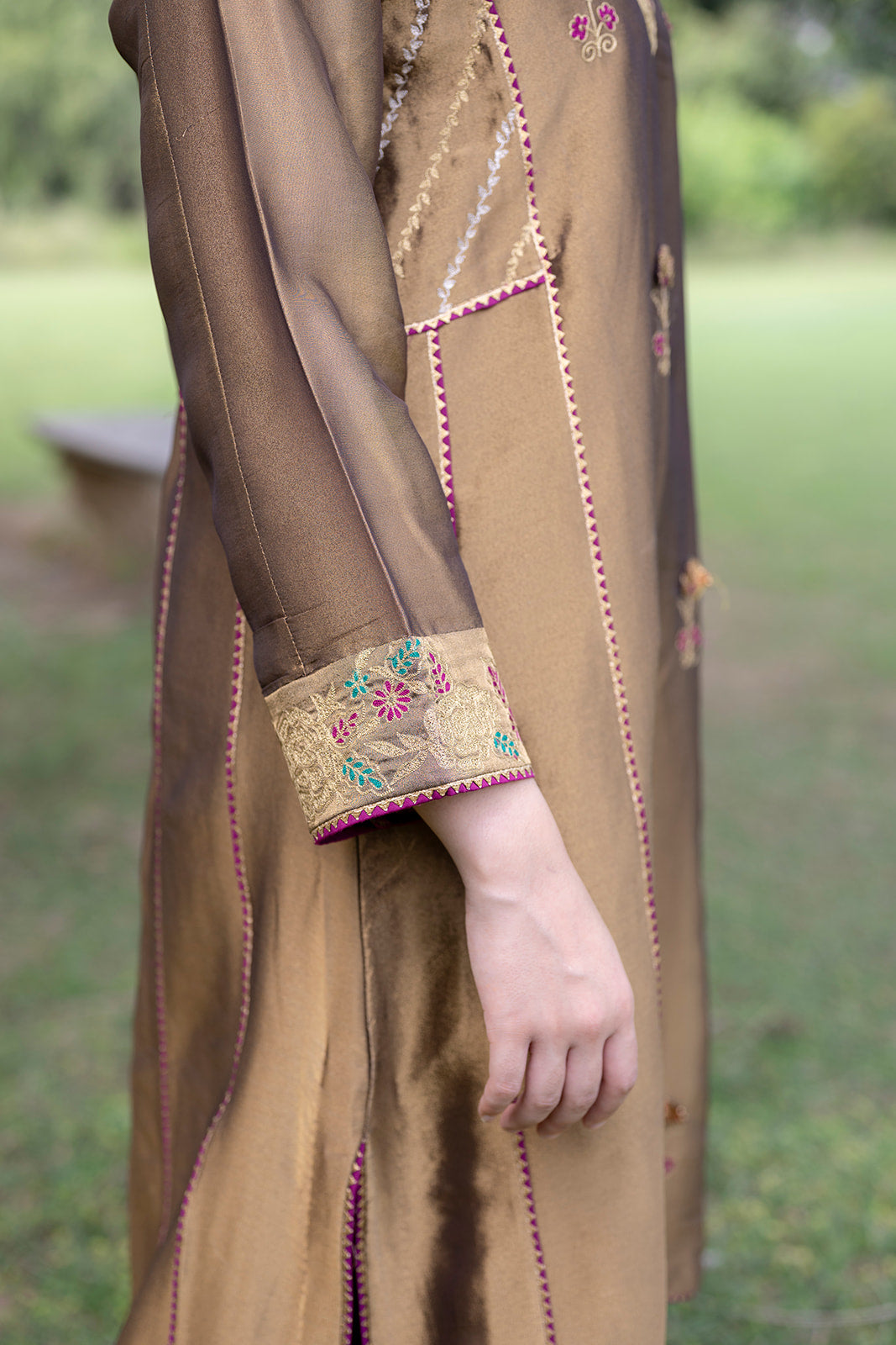 Antique Gold Choga Set with Wine Pakistani Salwar