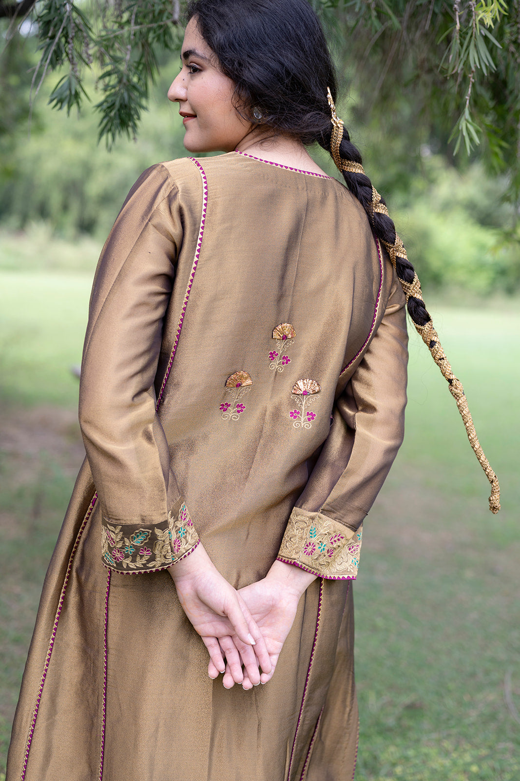 Antique Gold Choga Set with Wine Pakistani Salwar