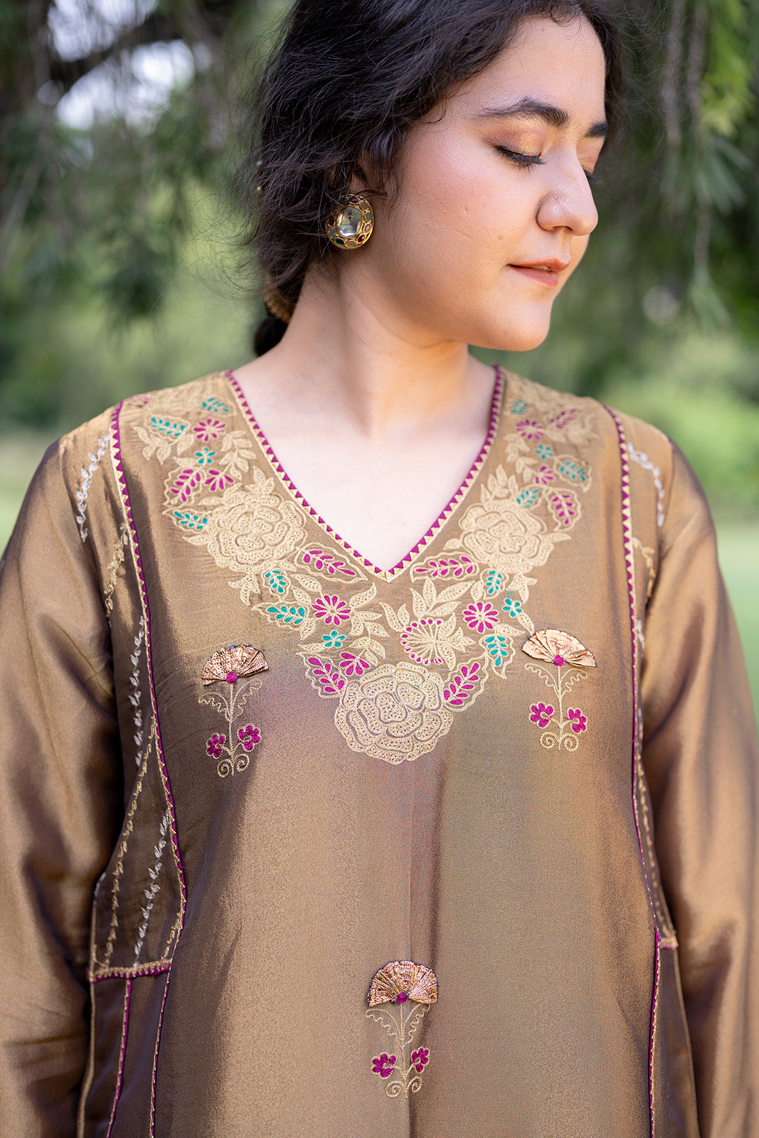 Antique Gold Choga Set with Wine Pakistani Salwar