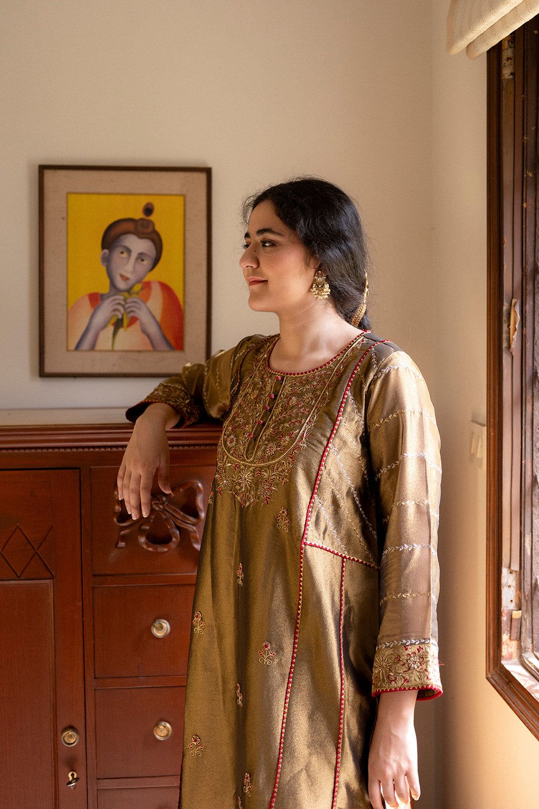 Antique Gold Choga Set with Maroon Pakistani Salwar