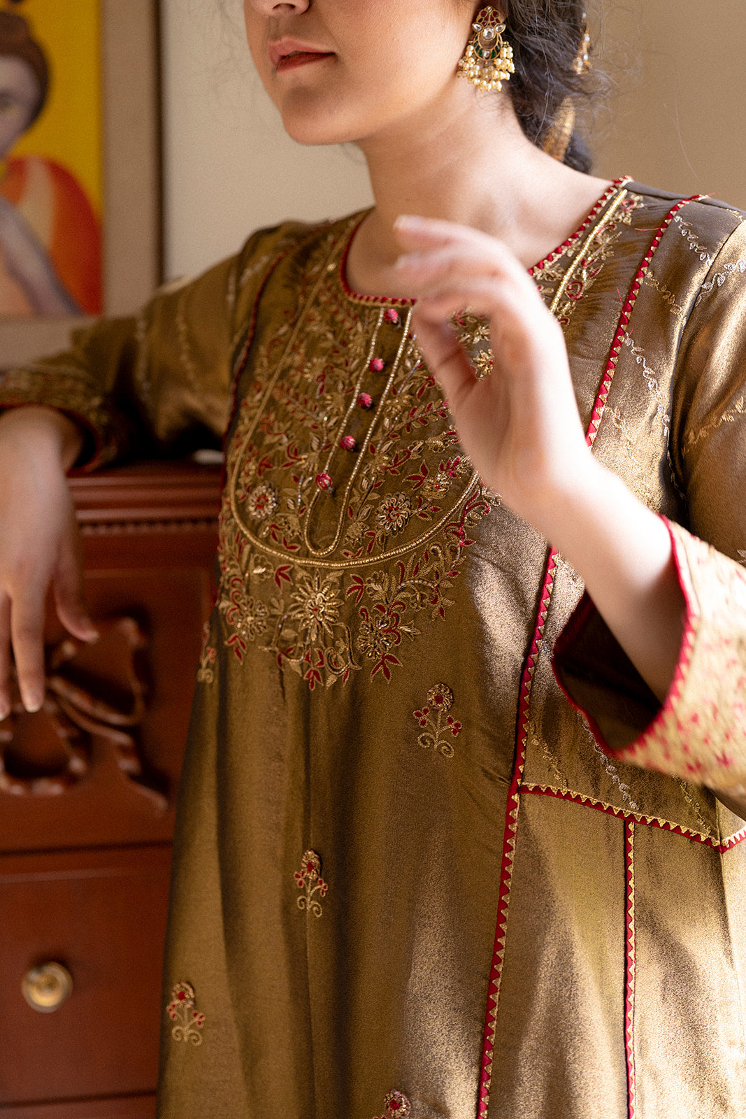 Antique Gold Choga Set with Maroon Pakistani Salwar