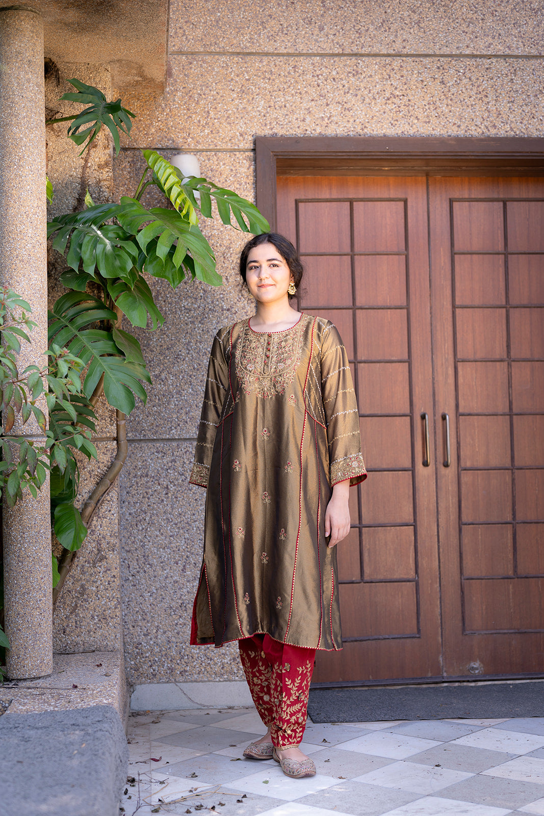 Antique Gold Choga Set with Maroon Pakistani Salwar