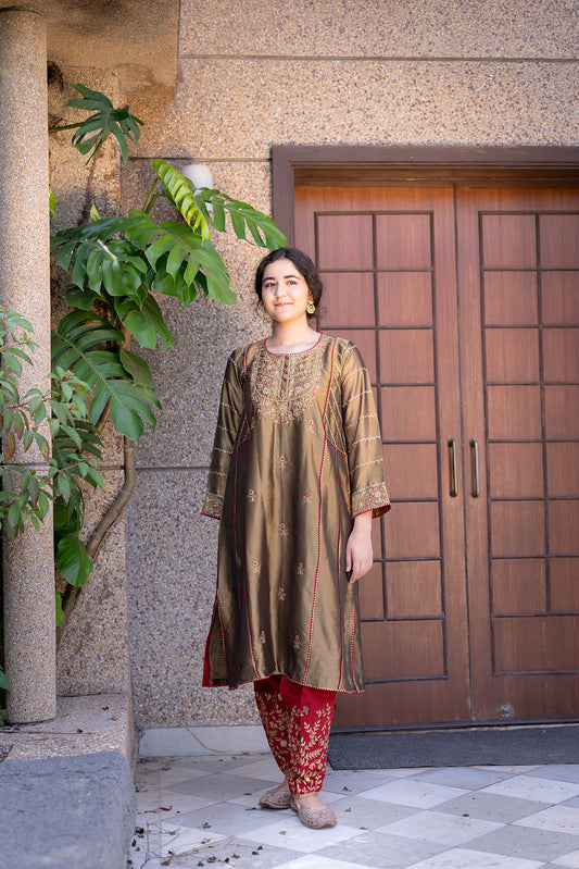 Antique Gold Choga Set with Maroon Pakistani Salwar