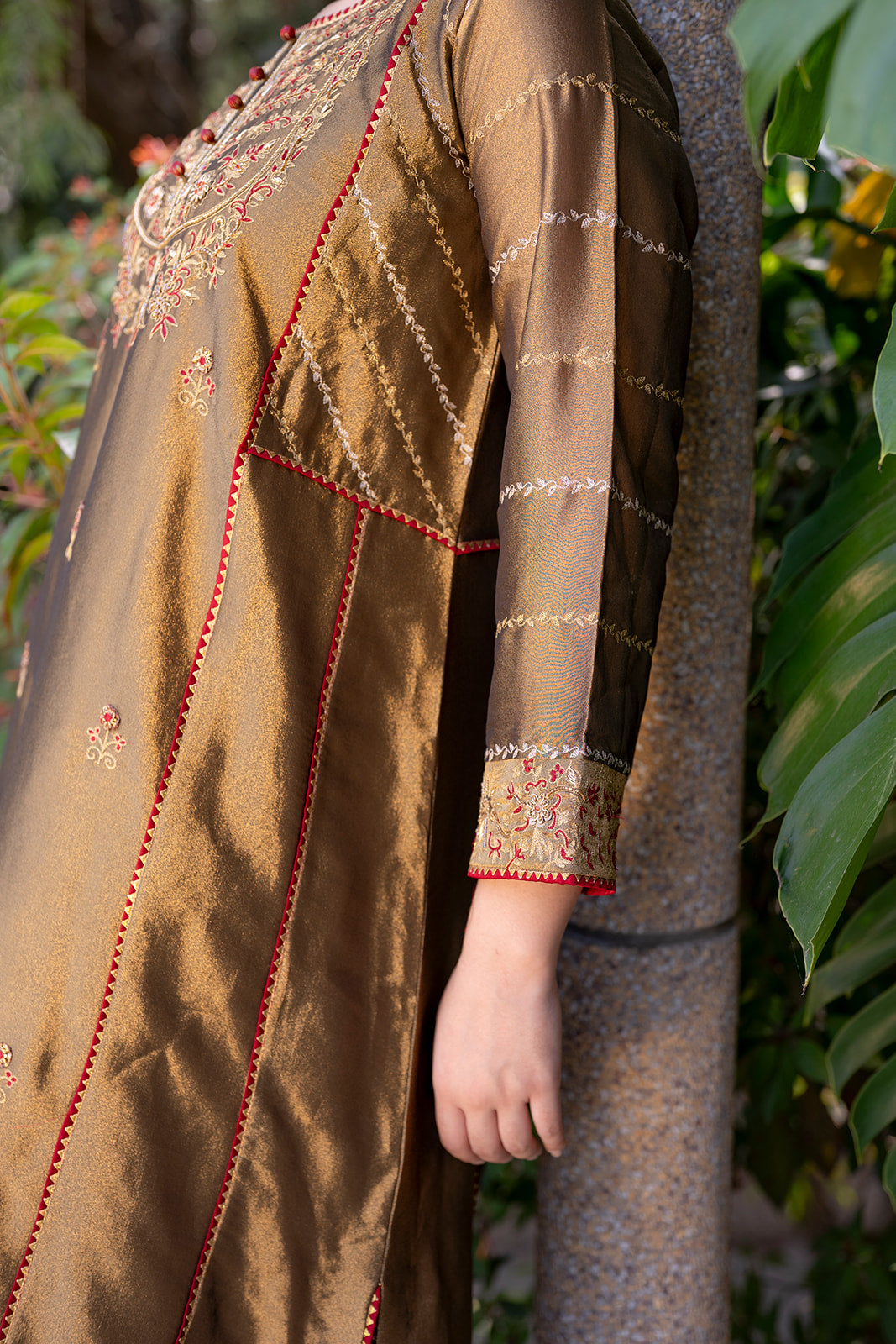 Antique Gold Choga Set with Maroon Pakistani Salwar