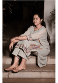 Sage green georgette kaftan outfit with paisley embroidery