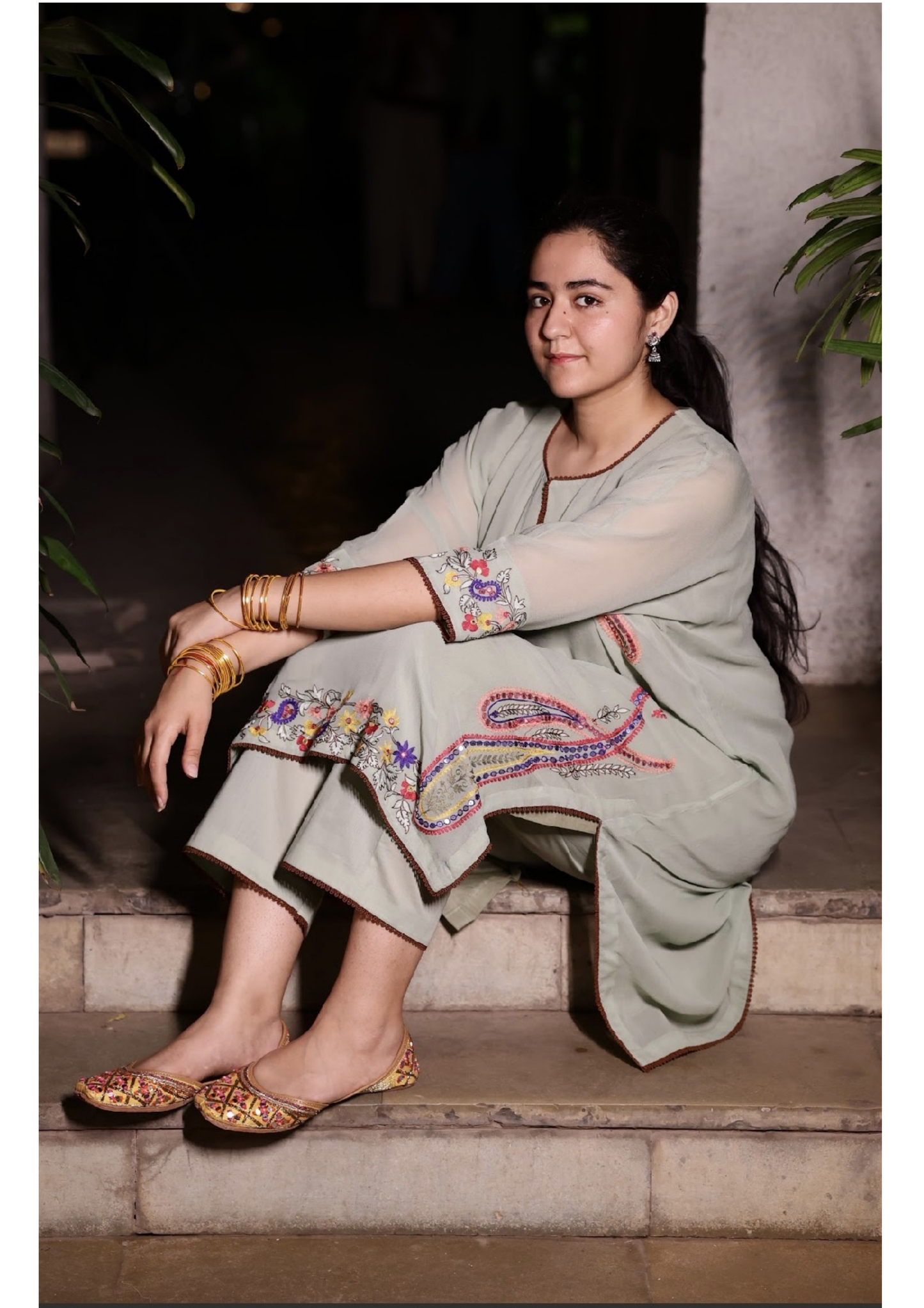 Sage green georgette kaftan outfit with paisley embroidery