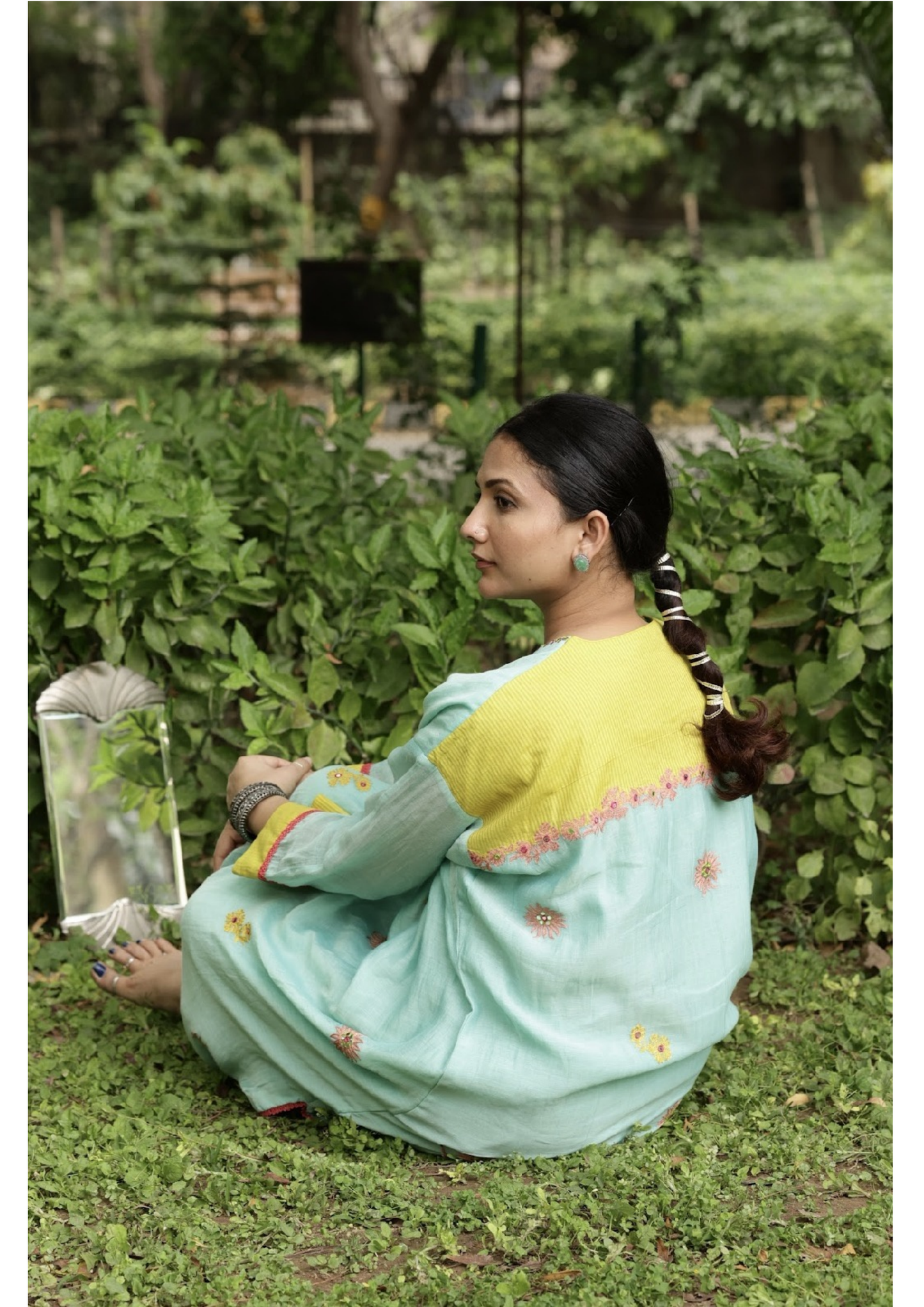 Aqua blue mirror embroidered kaftan