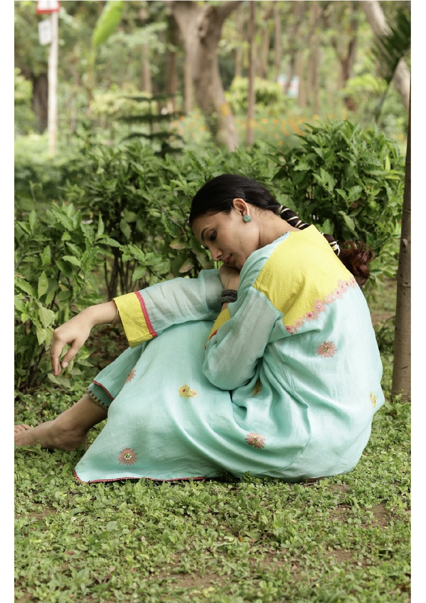 Aqua blue mirror embroidered kaftan