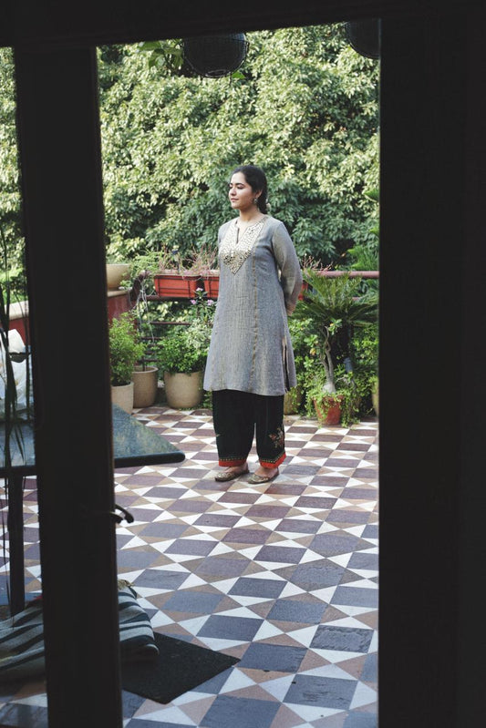 Grey Tissue Shirt With Black Velvet Farshi Pants