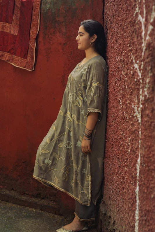 Grey Peacock Embroidered Kaftan