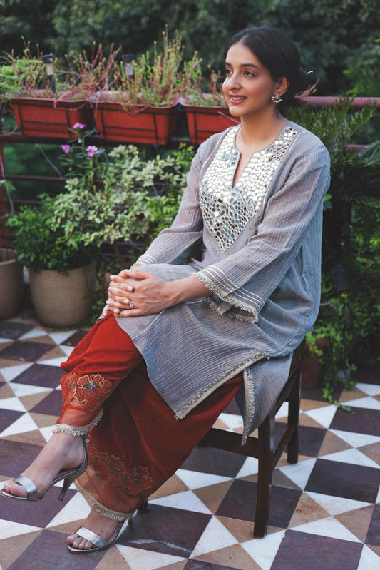 Embroidered Yoke Tissue Kurta Paired With Rust Farshi Pants