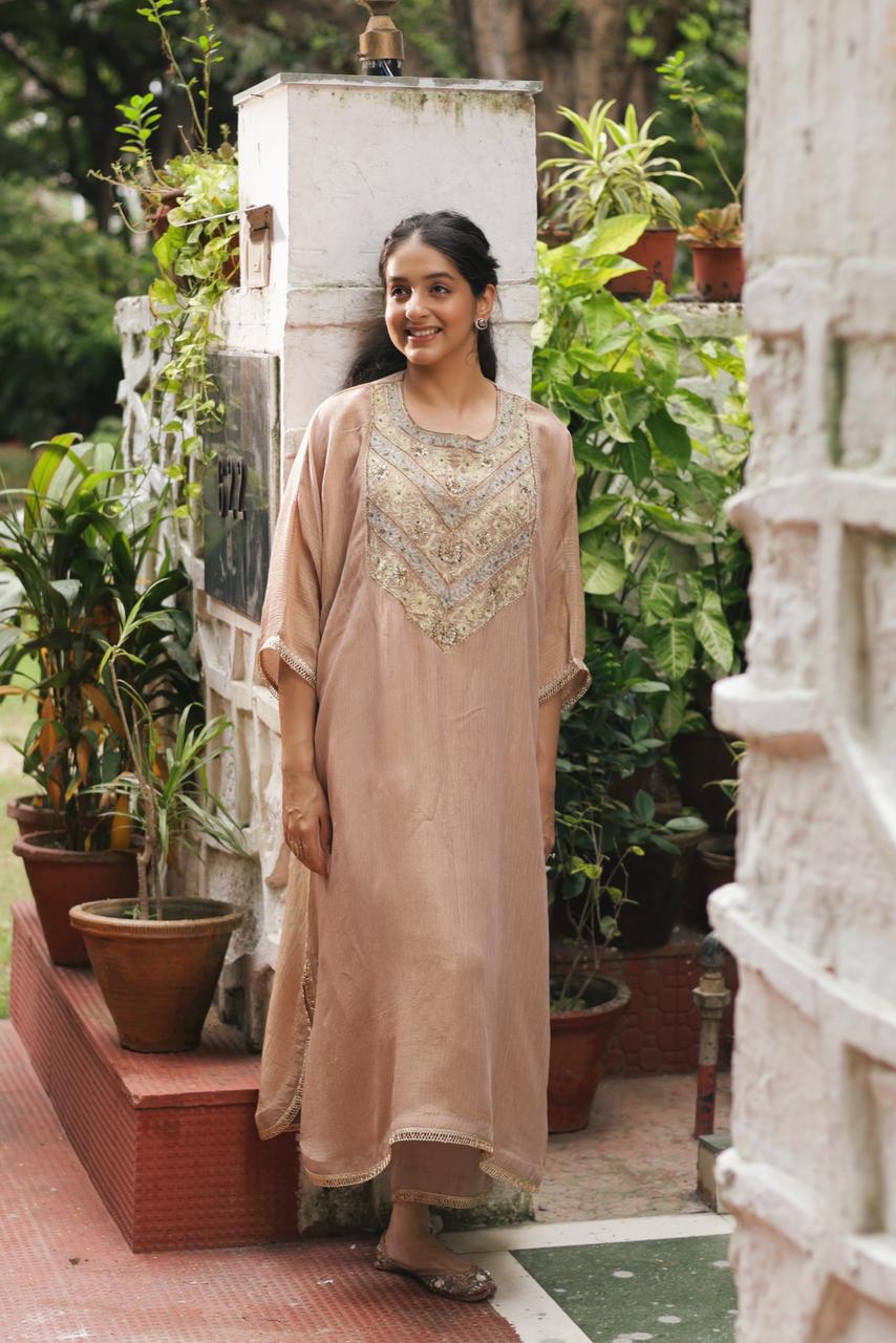 Pink Tissue Kaftaan With Pants