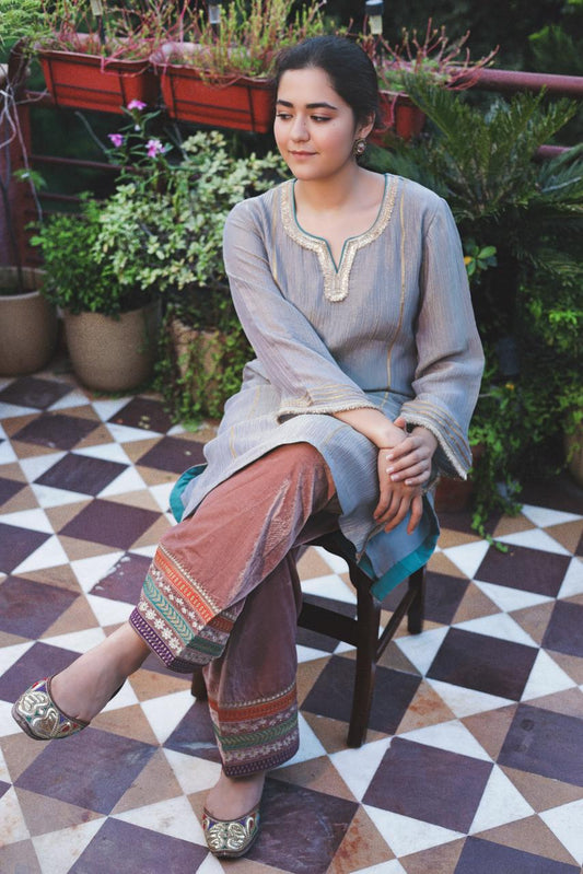 Embroidered Grey Tissue Kurta Paired With Velvet Farshi Pants