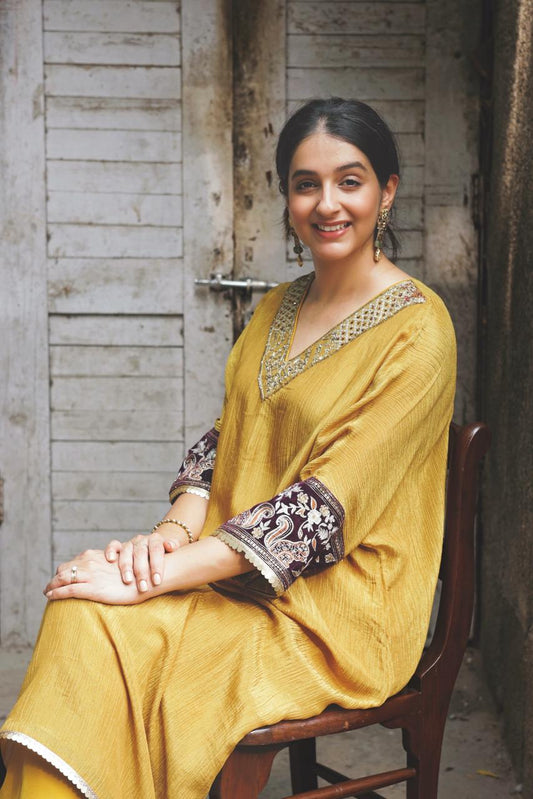 Mustard Yellow Embroidered Tissue Kaftan