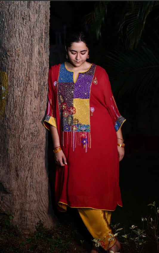 Red georgette kaftan outfit with neck focused embroidery