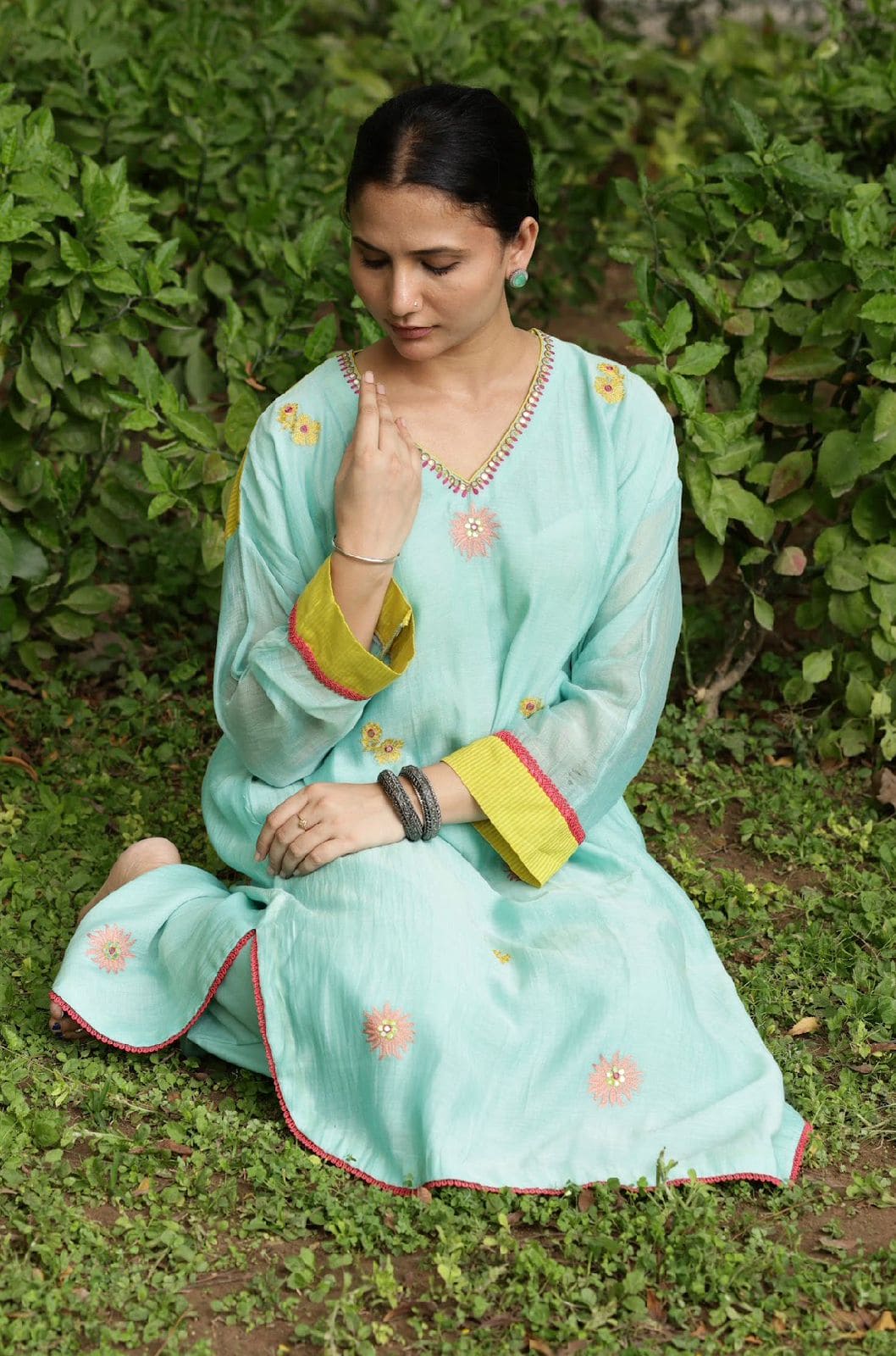 Aqua blue mirror embroidered kaftan