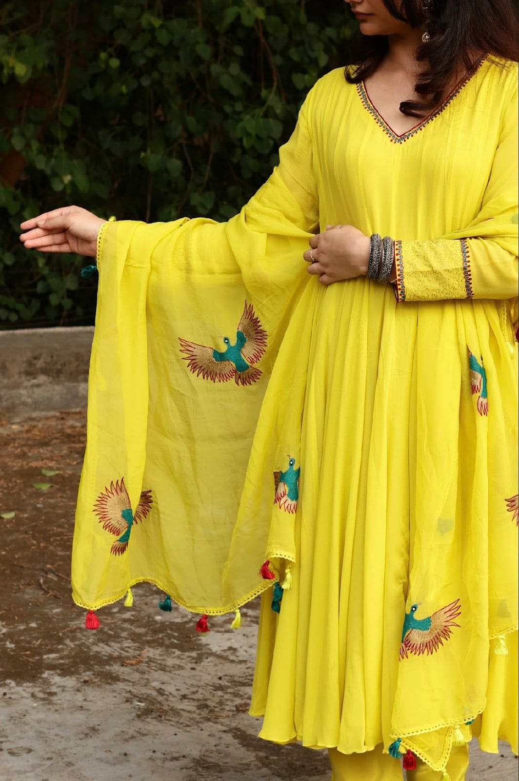 Georgette kalidar suit with organza bird embroidered dupatta